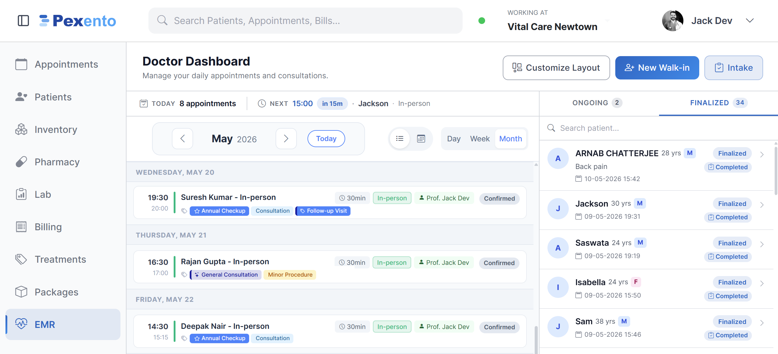Provider dashboard with the day's appointments beside ongoing and finalised encounters
