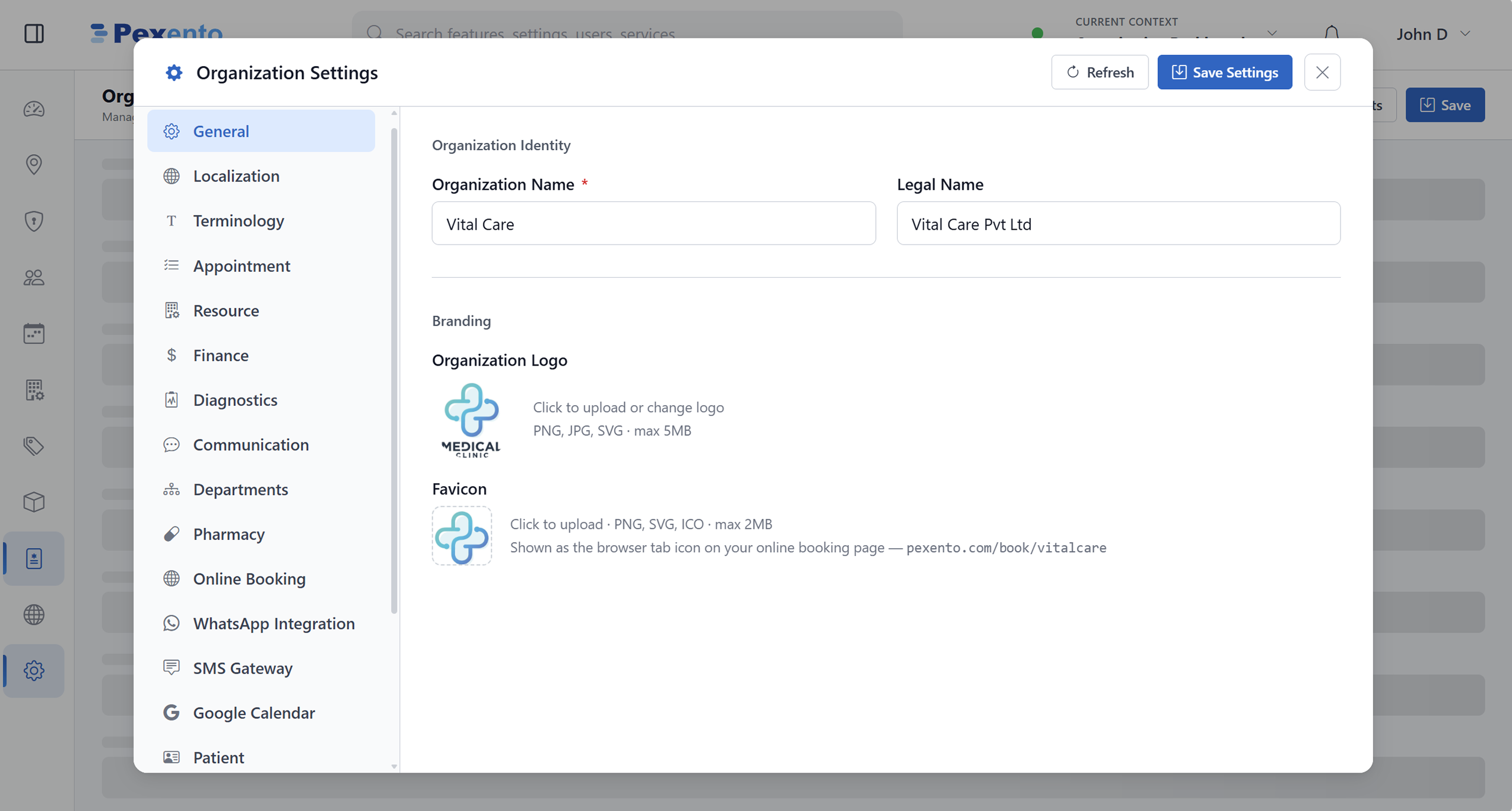 Organization settings with sections for general, localization, terminology, finance and communication