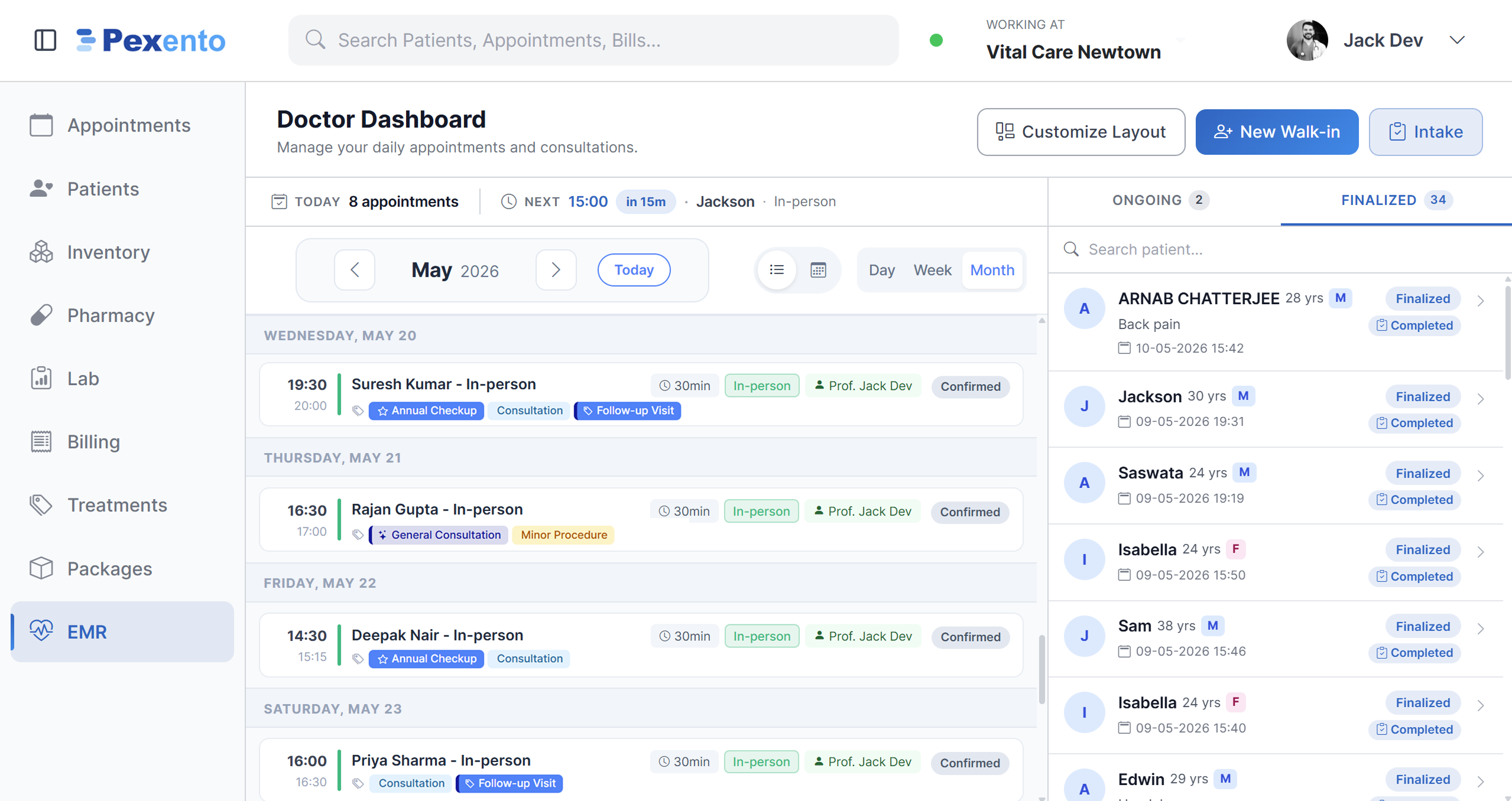 Pexento EMR Dashboard - Provider view with bookings, client queue and encounter history